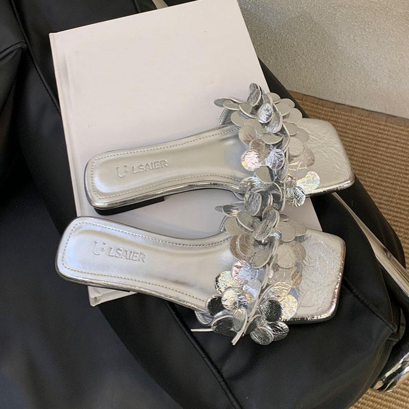 Moda Moda Kwadratowy Nosek Damskie Płaskie Wsuwki Kapcie Buty Nowość Lato Plaża Damskie Płaskie Kapcie Sandały Damskie Japonki