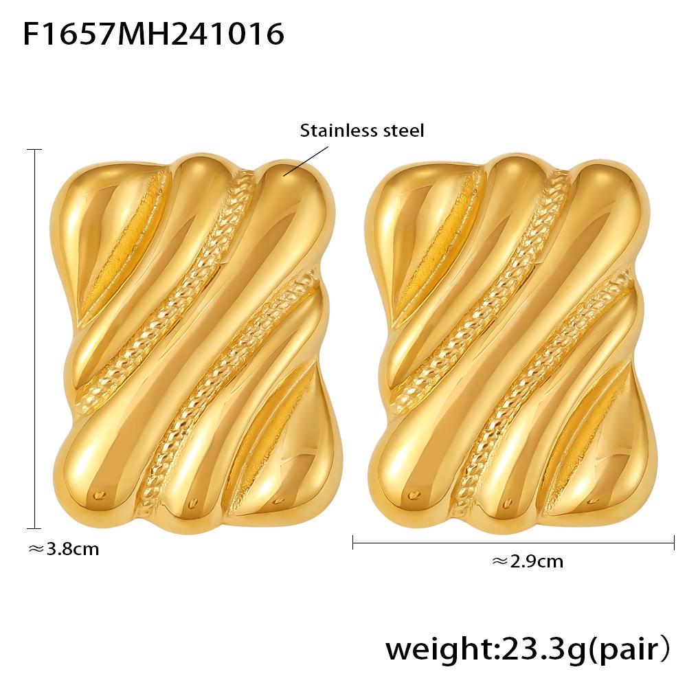 Qiong Yao Geometric Ribbed Stud Earrings, Gold-Plated Stainless Steel, Hypoallergenic Fashionable Jewelry