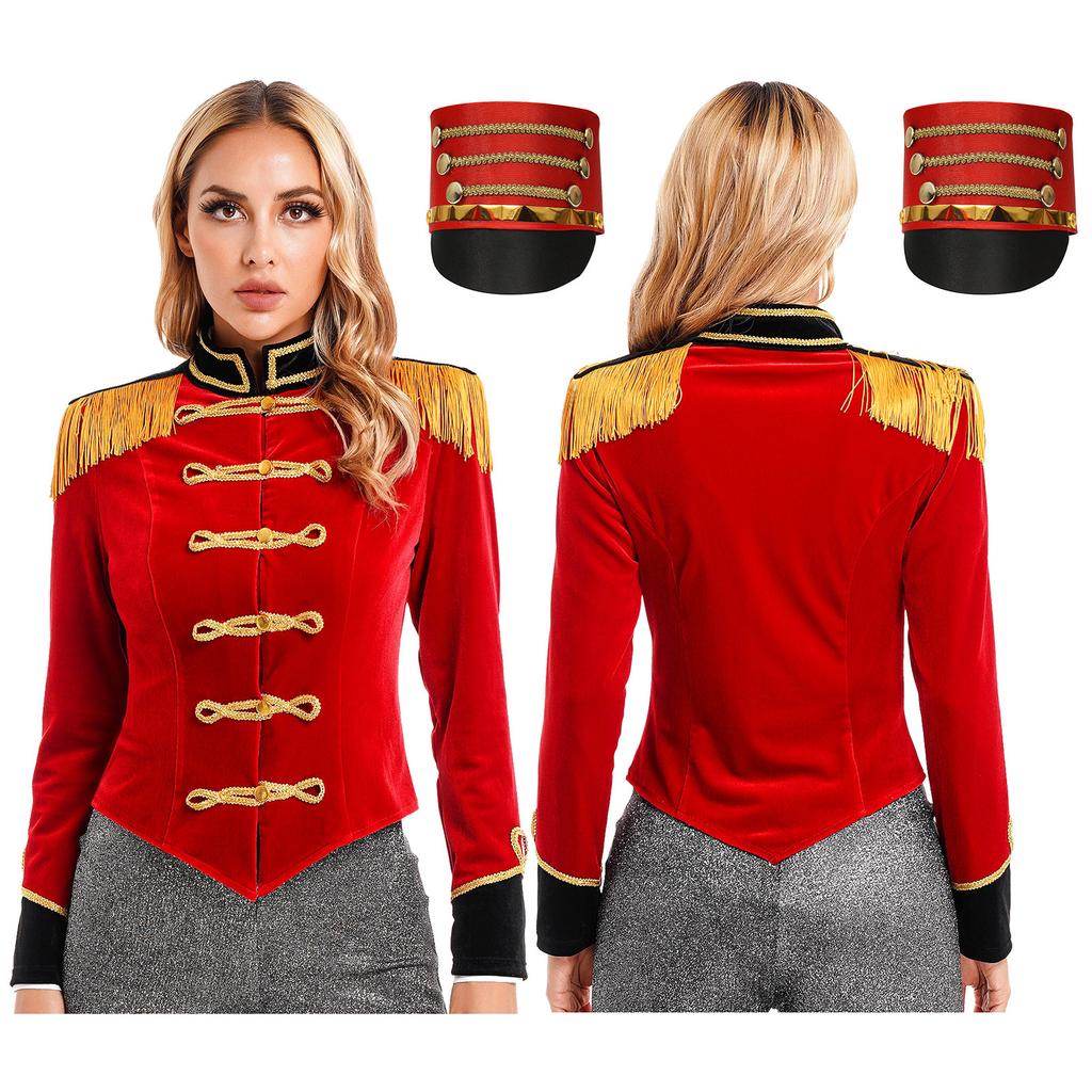 Womens Ringmaster Costume Circus Carnival Party Long Sleeve Stand Collar Fringe Shoulder Jacket Coat Hat Set
