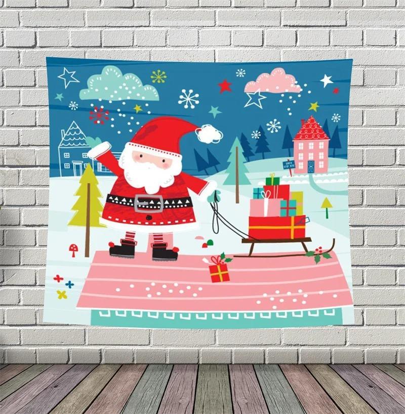Cartoon Santa Claus Pattern Tapestry Home Bedroom Living Room Wall Decoration Christmas Theme Tapestry