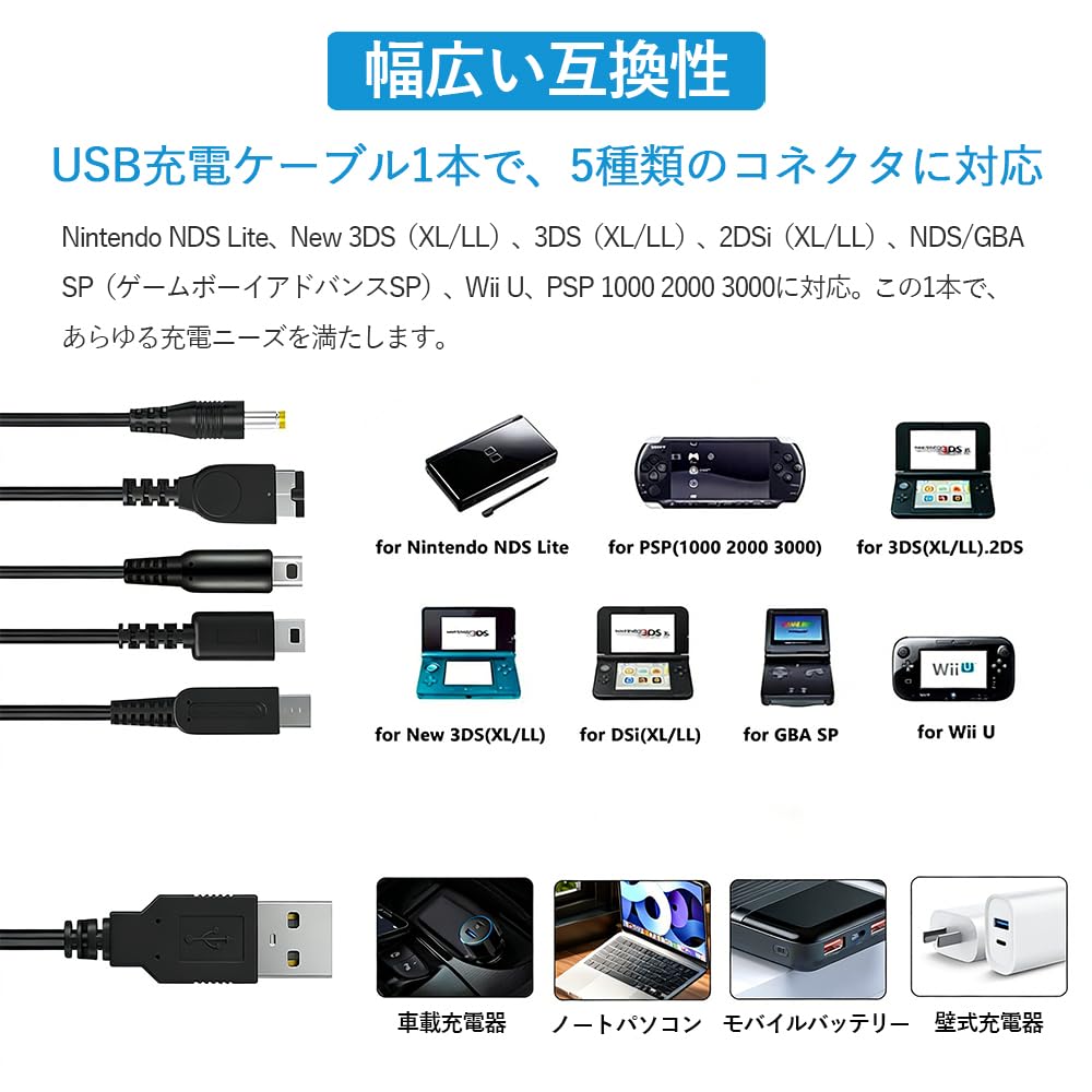 USB Charging for New Wii Fast Charging 5-in-1 Cable, 1.2m, Multi-compatible, 3DS, 2DS, DSi, GBA, SP, Anti-breakage, U, PSP,
