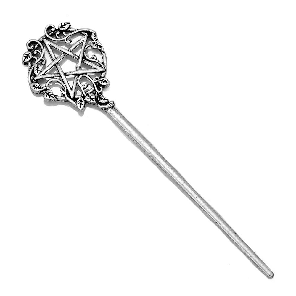 Retro Gothic Wicca Pentacle Hair Stick for Women Charm Witch Pentagram Hairpins Antique Silver Color Metal Headwear Jewelry Gift