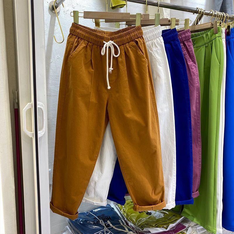 Women's Summer High-Waist Cotton Cropped Pants - Slimming, Harajuku Style, Plus Size, Elastic Waist, Lightweight Casual Wear