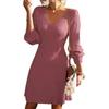 Elegant French V-neck A-line Textured Autumn Dress - Women's Long Sleeve Solid Color