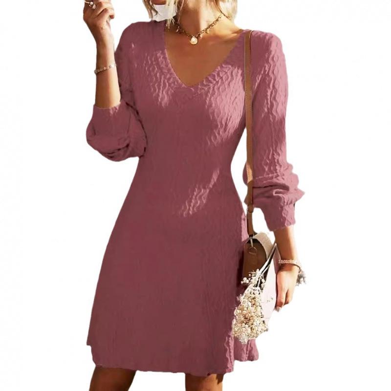 Elegant French V-neck A-line Textured Autumn Dress - Women's Long Sleeve Solid Color