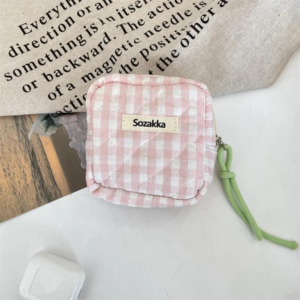 Large Capacity Plaid Bow Print Mini Cosmetic Bag Candy Color Makeup Sanitary Napkin Storage Cotton Cloth Small Item Bag