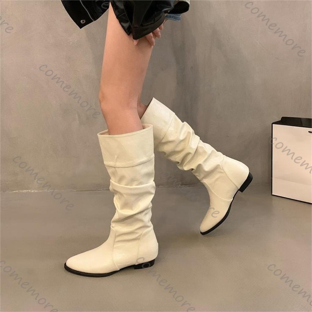 Fashion Comemore New Women Flat Long Boots Fashion Pleated Leather Autumn Winter Inner High Slip on Knee High Boots Shoes for Women