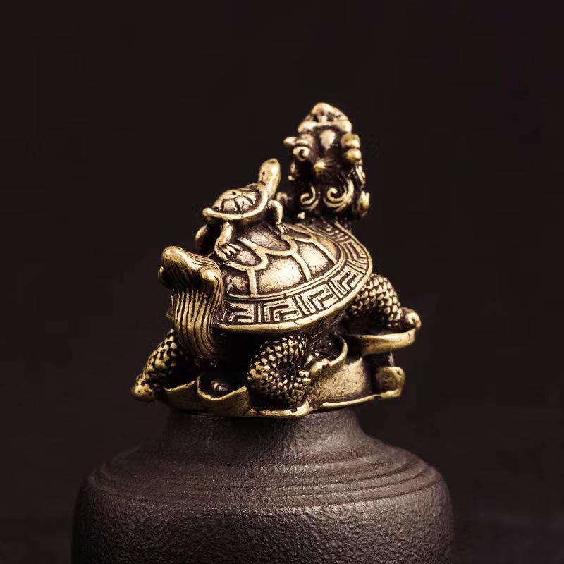 Brass Dragon Turtle Ornament - Mother Turtle with Dragon Head for Home or Office Decor, Desktop Decoration, Fortune Gift