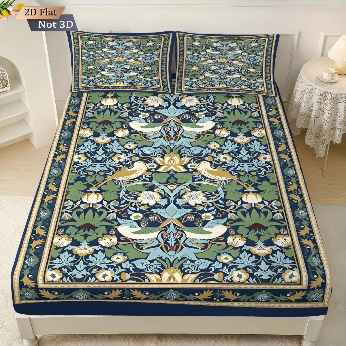 

Набор из 3 предметов в стиле ретро-этно с цветочным и птичьим узором: простыня, пододеяльник, наволочка. Разные размеры. Покрывало для кровати. Декор для спальни. Машинная стирка. 90x191