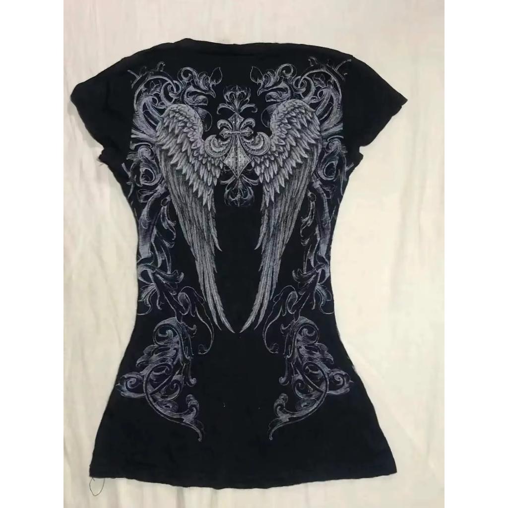 TrendHub Y2k Clothes Punk Crop Top Aesthetics Hot Girl Grunge 90s Harajuku V-neck Streetwear Short Sleeve Goth Slim T-shirt Cross Graphic