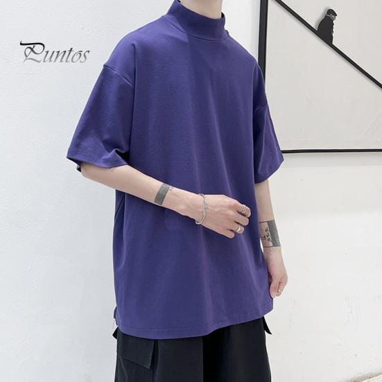 

Летняя мужская футболка с высоким воротником, сплошной цвет в стиле хип-хоп, свободный пуловер с коротким рукавом, повседневная одежда, молодежный спортивный топ для подростков S чёрный