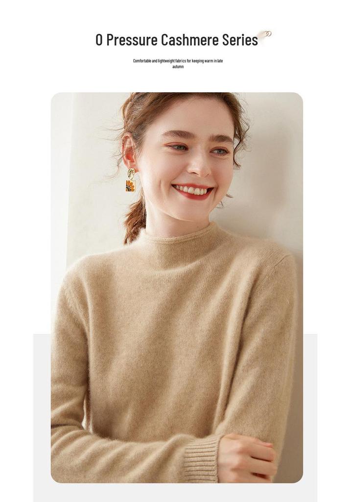 Women's Rolled Hem Wool Sweater - Autumn/Winter Casual, Versatile, Half-High Collar Knitwear