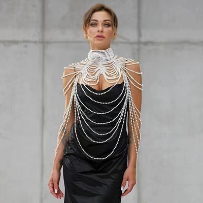 1pc Multi Layers White Faux Pearls Beads Beaded Necklace Shoulder Chain Banquet Party Top Body Chain
