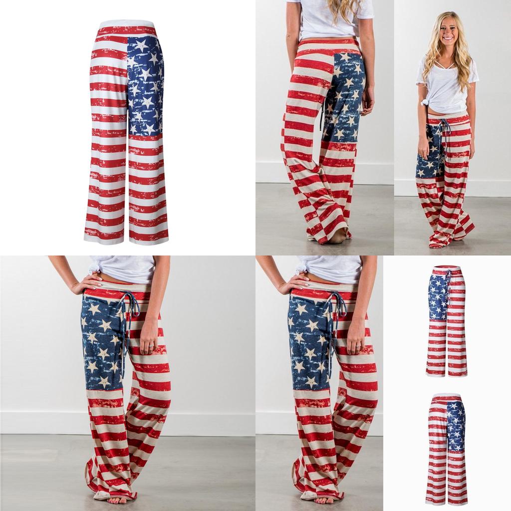 Womens High Waist Casual American Flag Print Drawstring Loose Wide Leg Pants For Summer