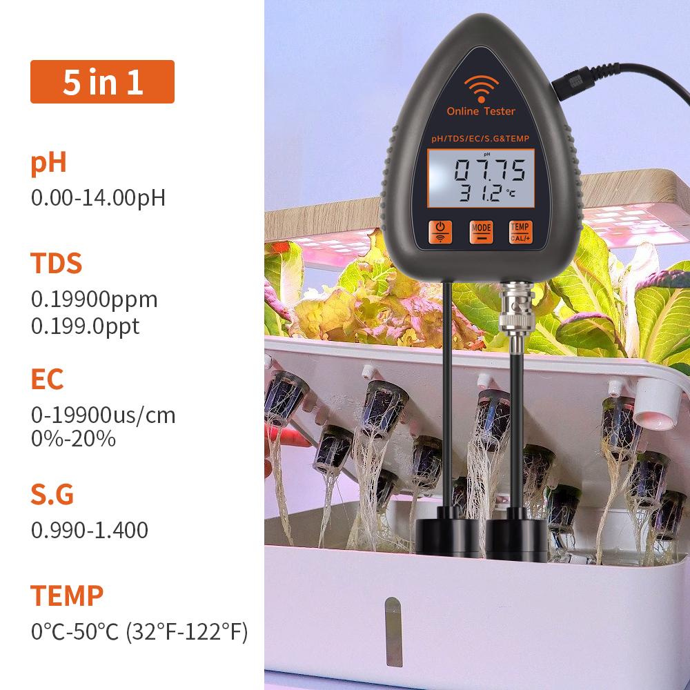 Tuya WiFi 5 In 1 Water Quality Monitor Salt/PH/EC/TDS/S.G/Temperature Tester PH Meter Aquaculture Swimming Pool Water Analyzer