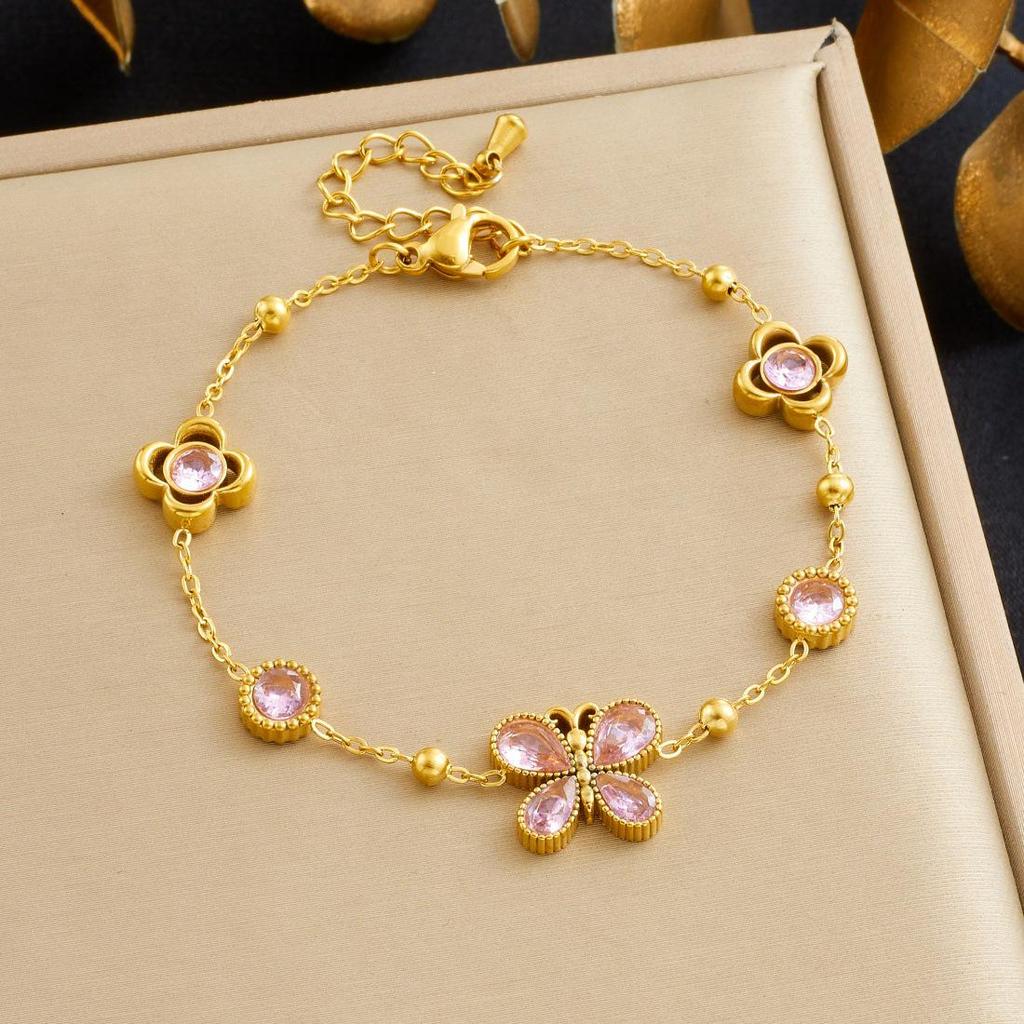 Niche Luxury Sweet Floral Butterfly Diamond Charm Gold-Plated Bracelet