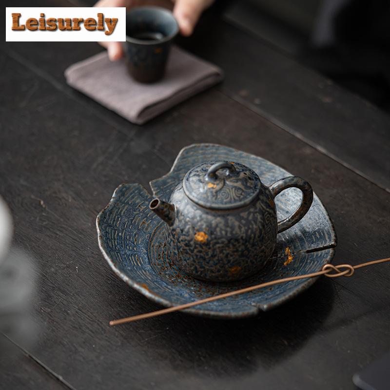 Retro Bronze Glazed Pot Bearing Holder Ancient Old Rock Mud Dry Brew Table Tea Tray Refreshment Fruit Plate Chinese Tea Set Gift
