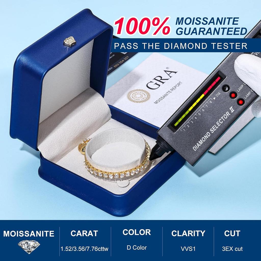 Moissanite Tennis Bracelet 1.79ct-8.69ct Adjustable Bracelet for Women 18K White Gold Plated S925 Sterling Silver Tennis Bracelet D Color VVS1 Round