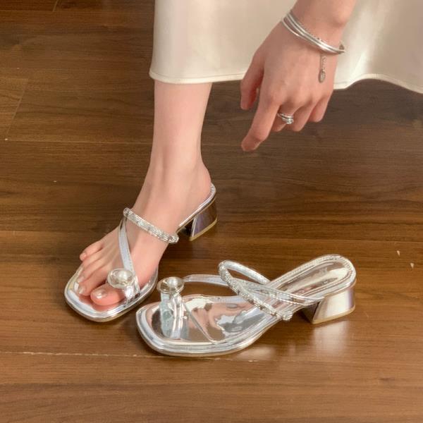 Fashion Shoes Slippers Women Summer Glitter Slides Fashion Square Heel Pantofle Jelly Luxury Block 2025 Crystal Shoes Woman 2025 Slipper