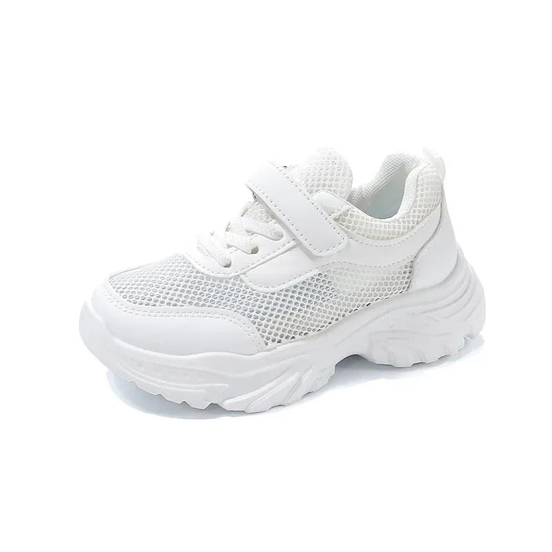 Children White Shoes Mesh Breathable Kids Sneakers Soft Sole 2025 New Fashion Boys Girls Running Shoes Hook&loop Soild Color