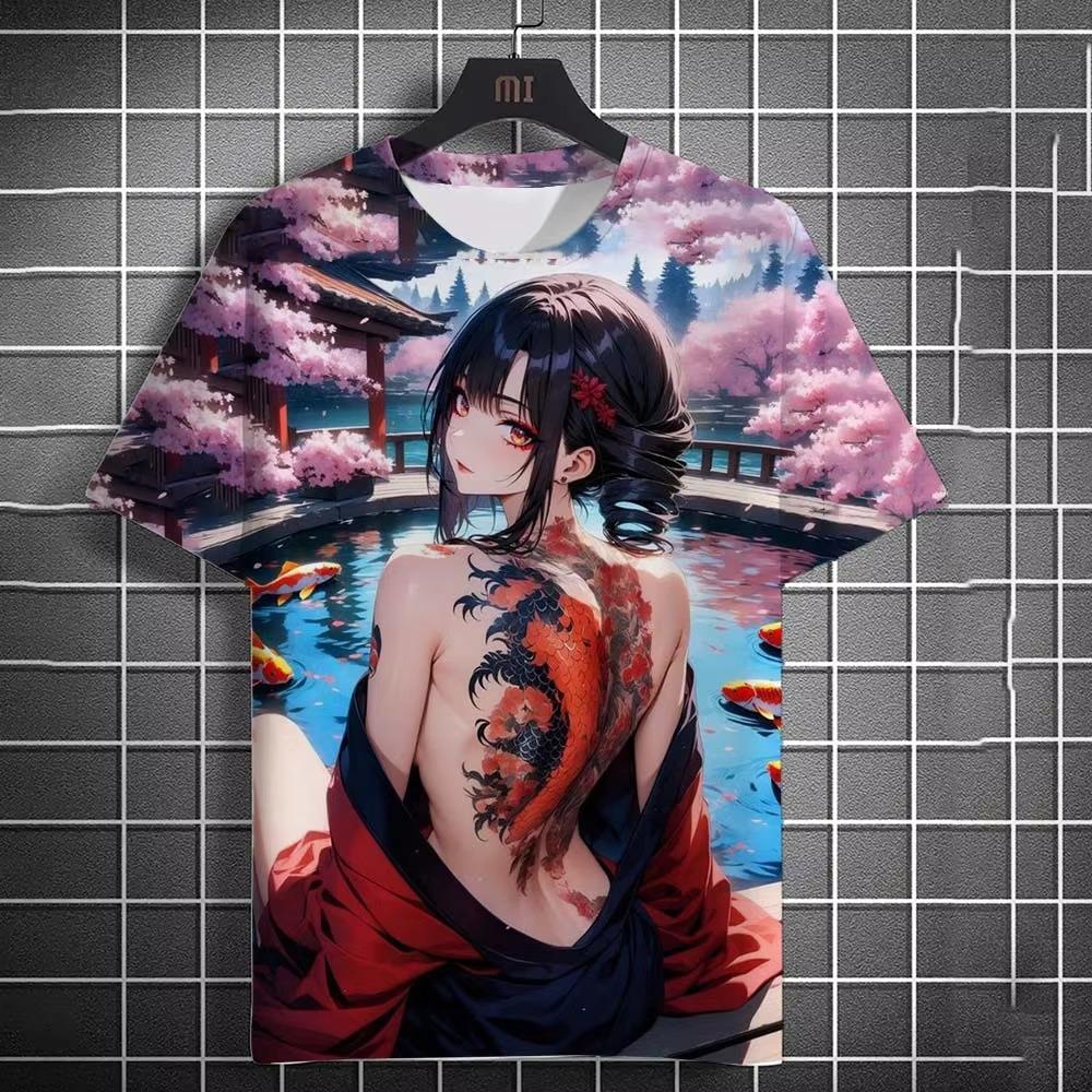 Tattooed girl pattern t-shirt cartoon 3d print oversized sports shirt top