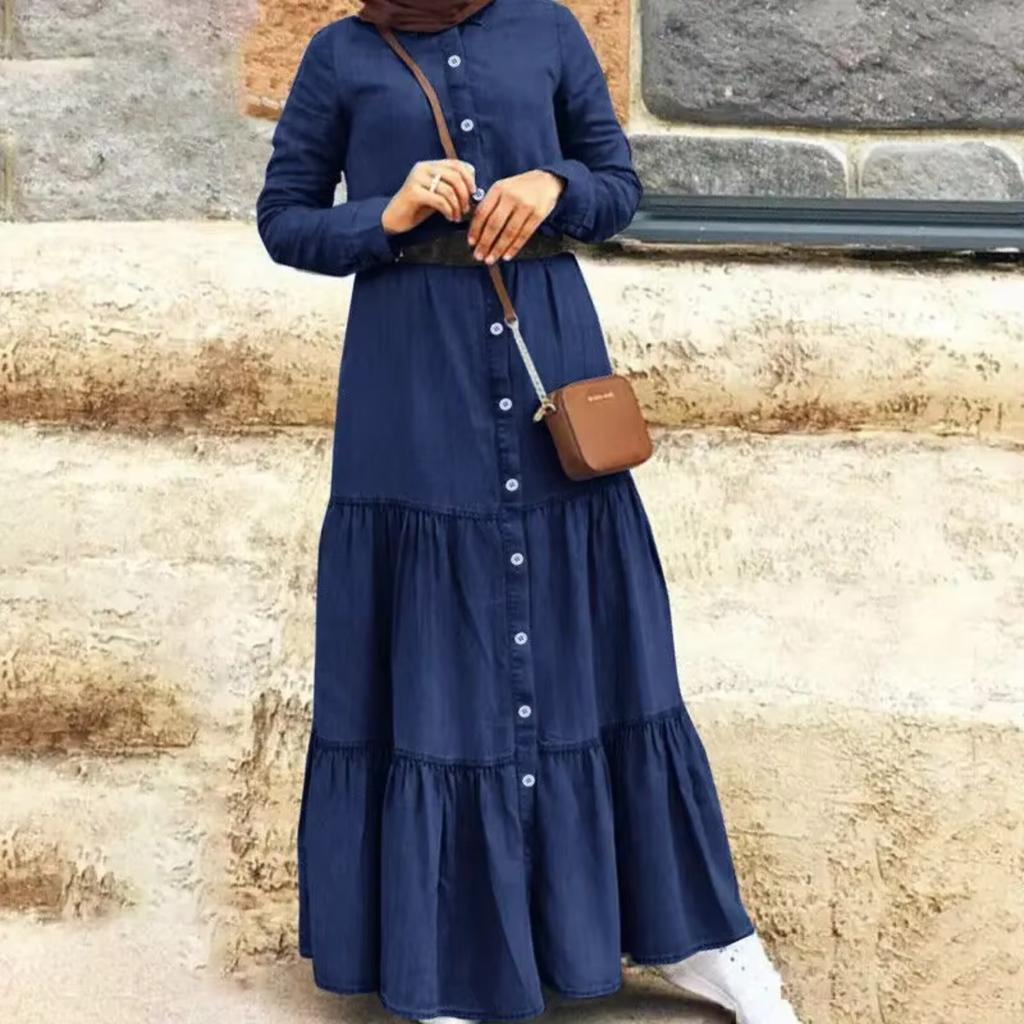 New Women's Casual Washed Solid Color Dress Round Neck Commuter Style Fashion Single Breasted Splicing Long Dress 5XL