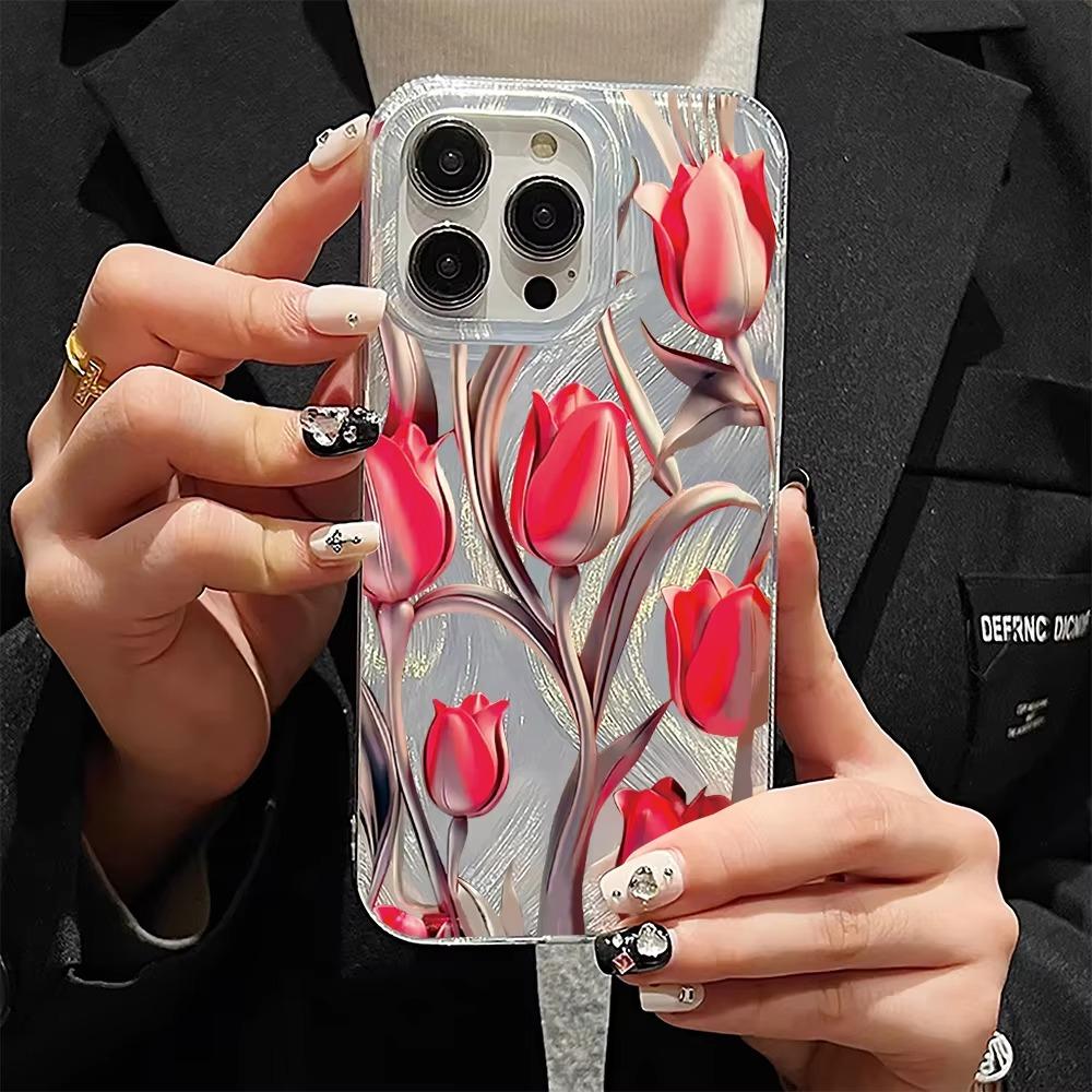 Colorful Tulip Pattern Laser Case For Iphone 16 15 14 13 12 11 Pro Max 16E X XS XR Cover