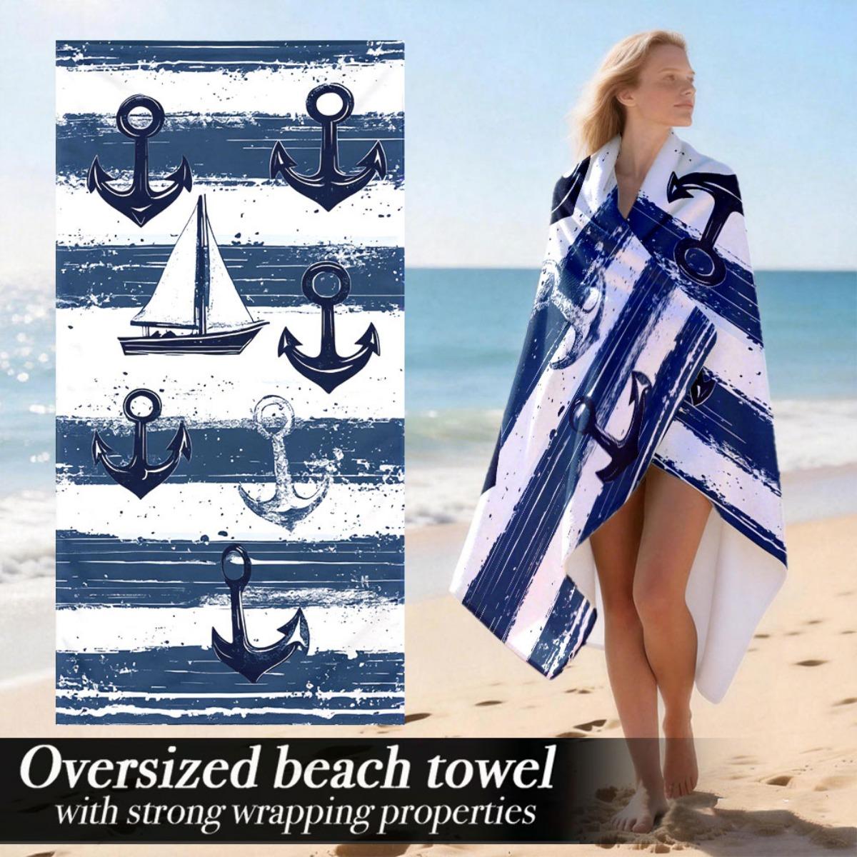 

Nautical Anchor Oversized Beach Towel – Blue & White Stripe Design, Lightweight Plush, Perfect for Beach & Camping Use W30*H60(CM)