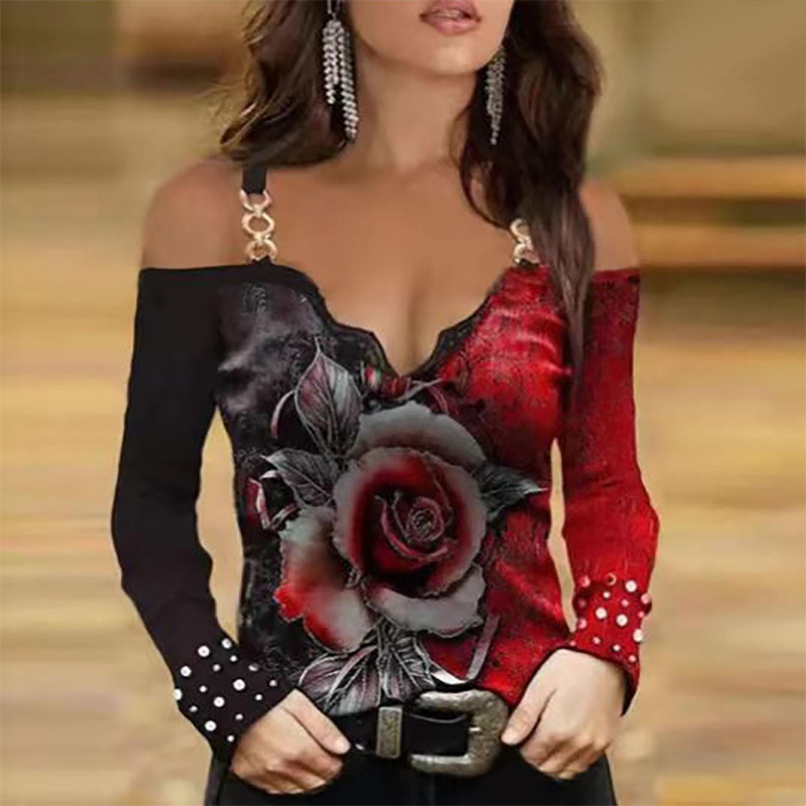 Women s Summer Top Long Sleeve Sexy Sling Print V-Neck Lace Off-the-Shoulder T-Shirt M красный