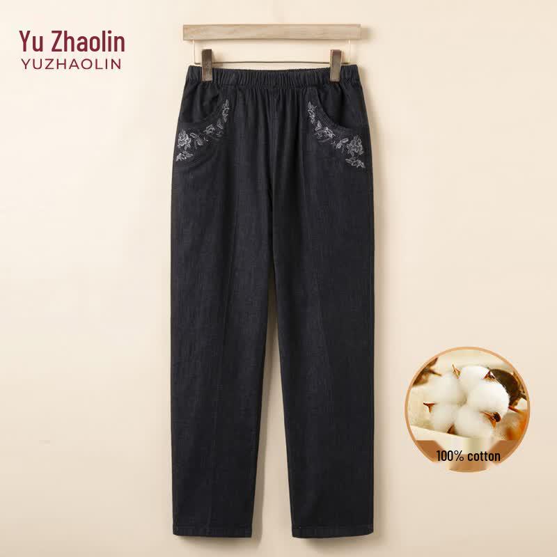YUZHAOLIN Women s Embroidered Straight-Leg Denim Cropped Pants 4XL