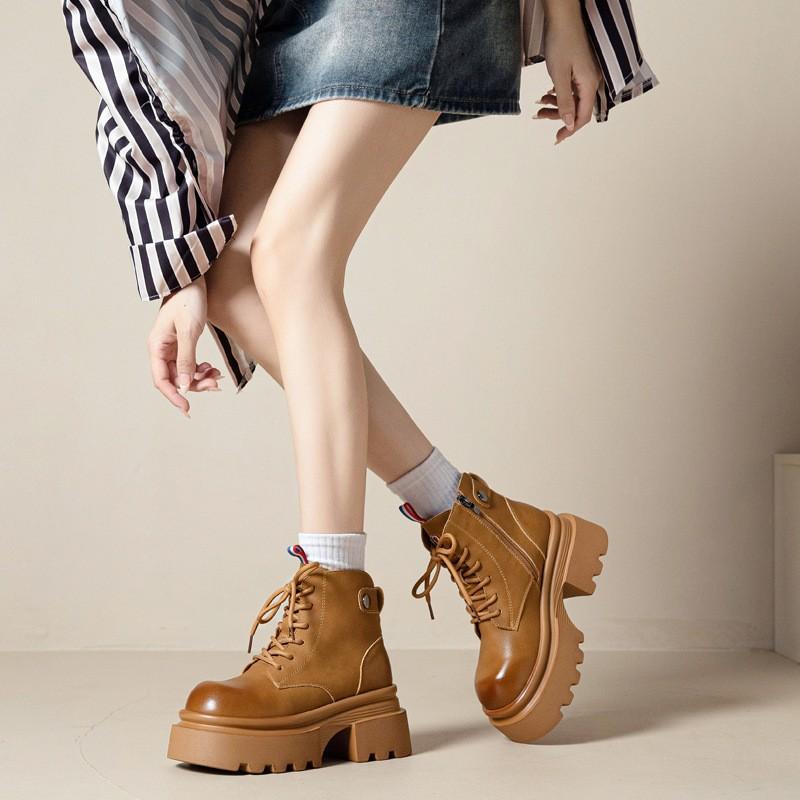 

Customized leather women s boots British Martin boots women s heightening short boots 2025 autumn and winter new small single boots 40 коричневый