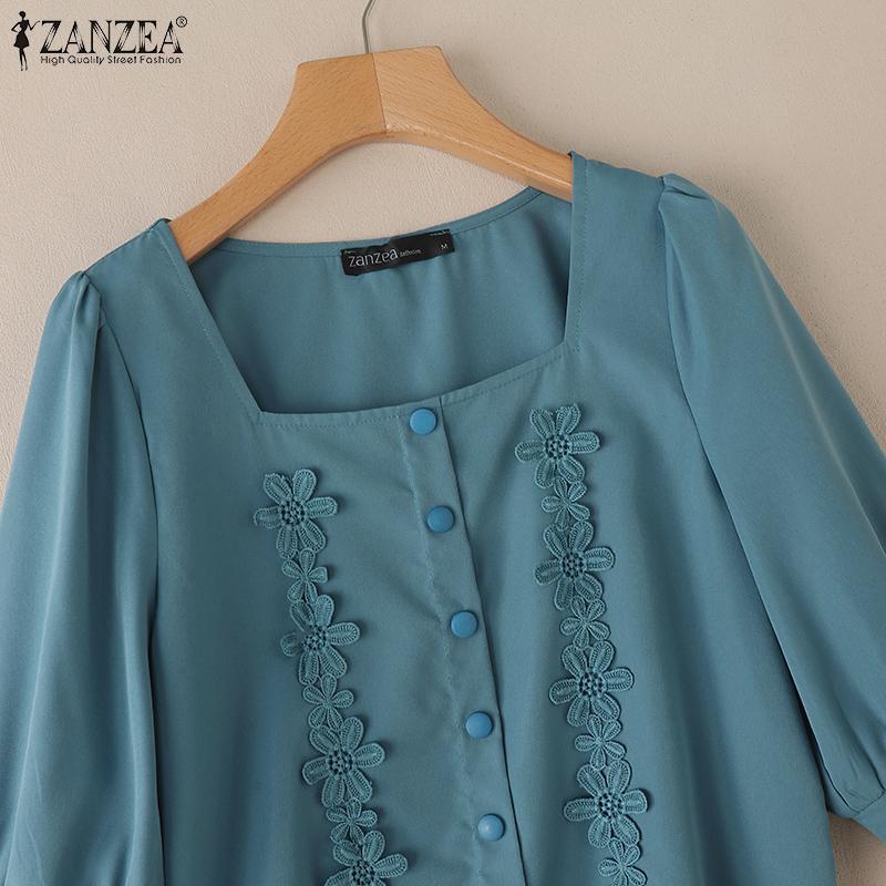 ZANZEA Women Square Neck Casual Flower Splice Summer 3/4 Sleeve Blouse