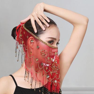 Yousheng Performance Schleier Blume Pailletten Perlen Dekor Durchsichtige Spitze Bauchtanz Tribal Gesichtsschleier Atmungsaktiver Stoff Verstellbarer Riemen Indischer Tanz