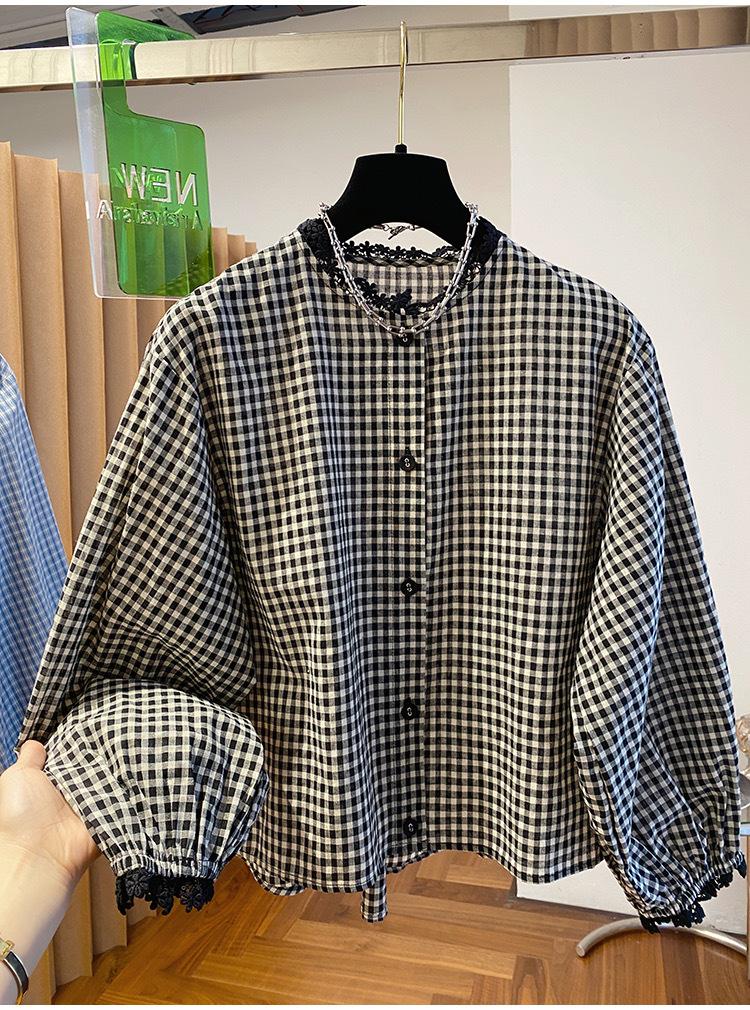 Korean Black and White Plaid Shirt Women's Long-sleeved Spring 1116 New Lace Loose Lace Splicing Short Inner Top