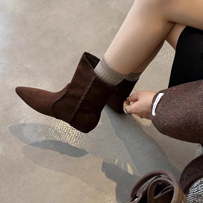 Sheepskin Version~ Niche Matte Suede String Rope Tip Inner Height Increase Western Cowboy Boots Women's 2025 Short Boots Thin Boots