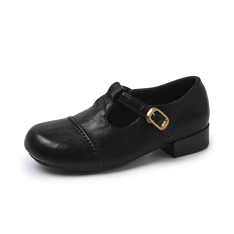Vintage Mary Jane Square Heel Women's Spring and Autumn Black Joker Small Leather Shoes Thick Heel Dress French Single Shoes
