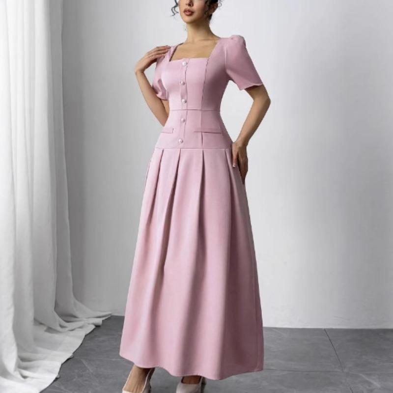 

Women s clothing long summer new simple temperament waist thin square neck dress bubble sleeves XL рожевий