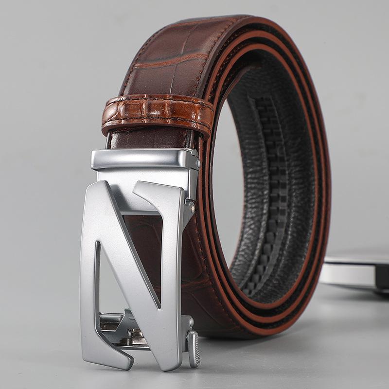 Men's Genuine Leather Automatic Buckle Belt - 2024 Top Layer Cowhide Business Style for Youth