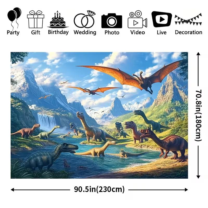 Realistische Dinosaurier-Fluss-Wandteppich, Prähistorischer Jura-Wasserfall & Bergwand-Dekor für Jungenzimmer