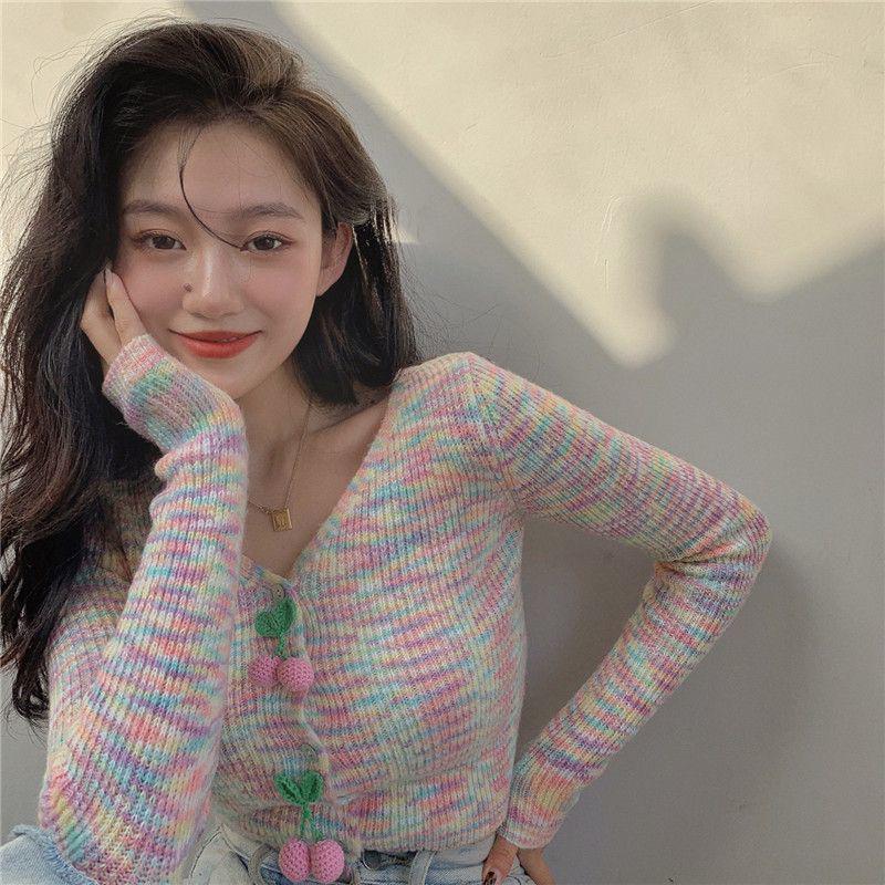 Rainbow V-Neck Cardigan Sweater: 2025 Women's Slim Fit Knitted Autumn/Winter Top