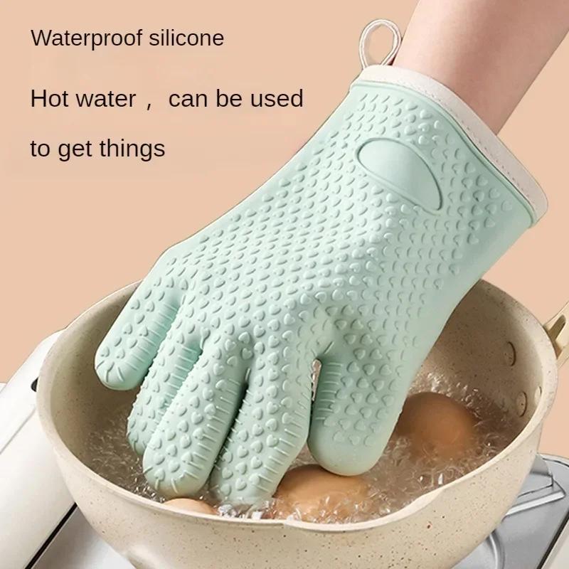 1 Pair Anti Scalding Insulated Oven Gloves Kitchen Microwave Oven Baking Mitts Thickened Five Finger Heat-proof Silicone Gloves