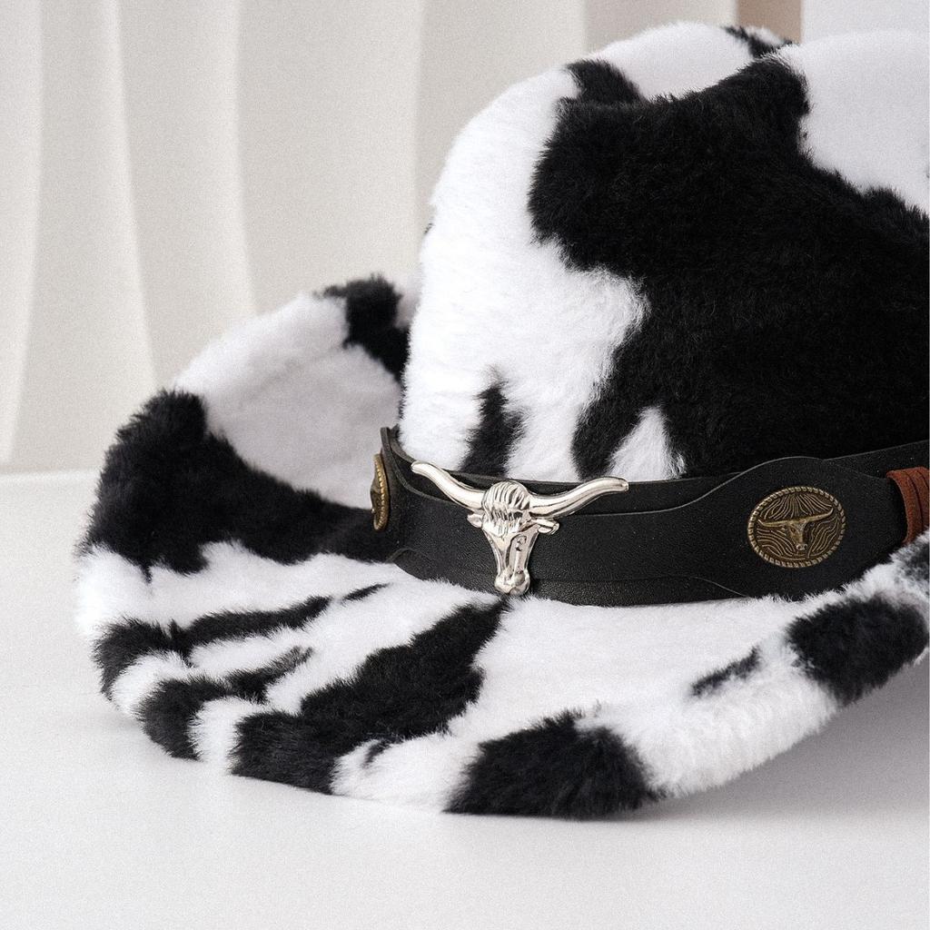 Cow cowboy hat women's autumn and winter new fashion plush woolen hat Internet celebrity hat top hat