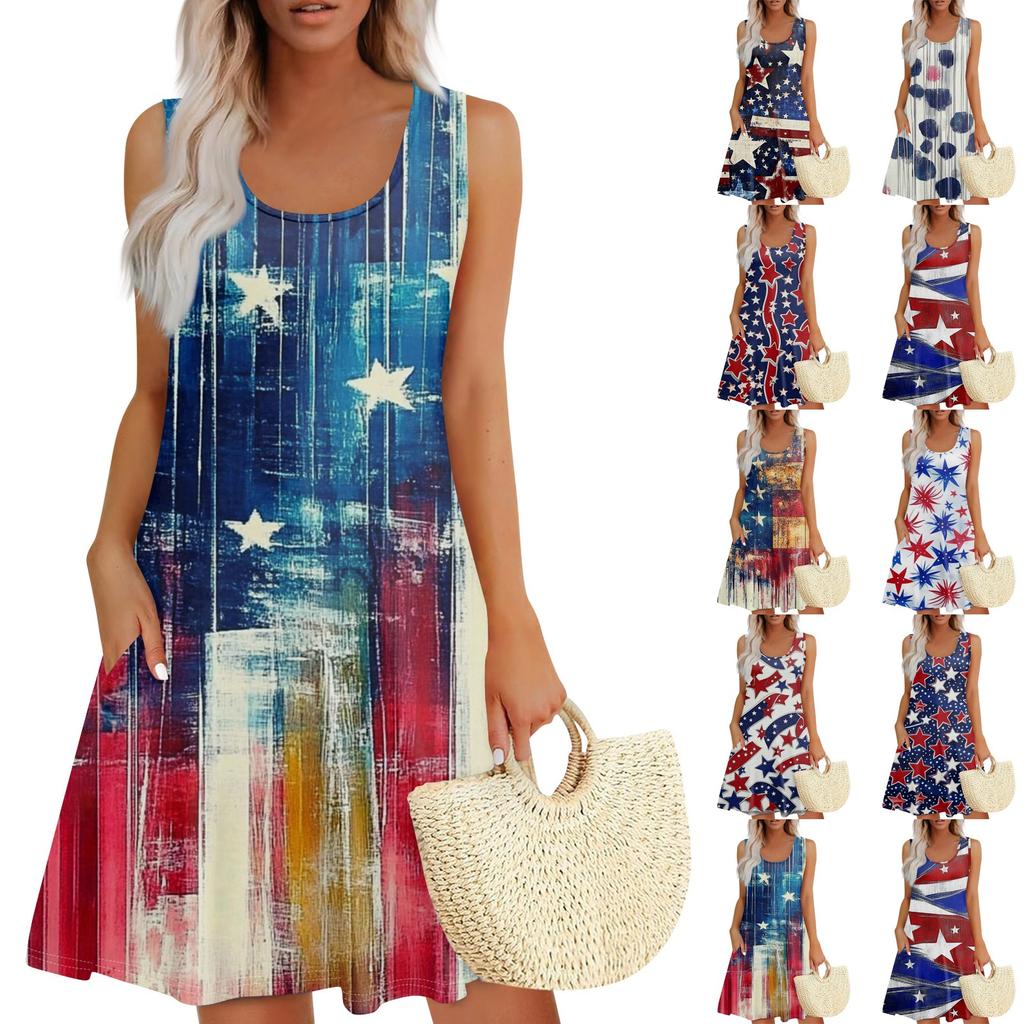 Women's Summer Casual Square Neck Independence Day Printed Dress Sleeveless Dress With Pockets