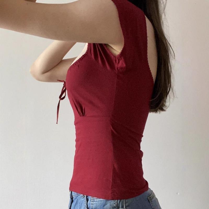 Women Red Square Neck Lace Trim Bow Detail Short Sleeve Slim Fit Casual Blouse