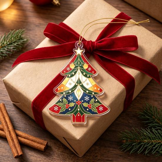 Customizable Style Hanging Ornament 2D Flat Acrylic Christmas Tree Ornament, Vintage Stained Lightweight Pendant with Lanyard Glass Pendant,