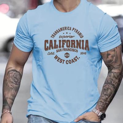 Camiseta casual esportiva masculina 100% algodão de corte solto com estampa da Costa Oeste da Califórnia, gola redonda, manga curta
