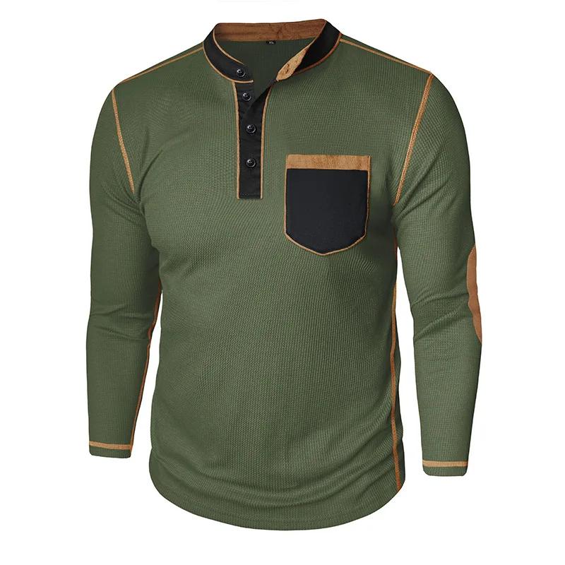 Men's Long Sleeve Stand Collar Henry Tshirt Casual Cotton Patchwork T-Shirt Autumn Winter Base Layer Shirt American Retro Tees