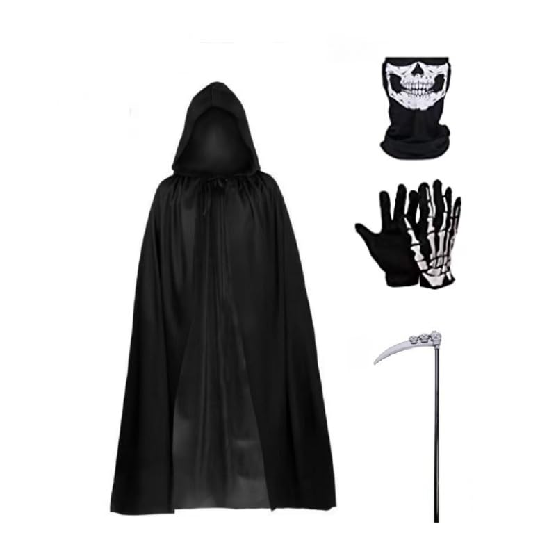 

Комплект для косплея Мрачного Жнеца на Хэллоуин: плащ, маска для лица, перчатки, коса, костюм, костюм для дома с привидениями, унисекс, испытание смелости, детский, [JiangMuXin], 4 предмета чёрный