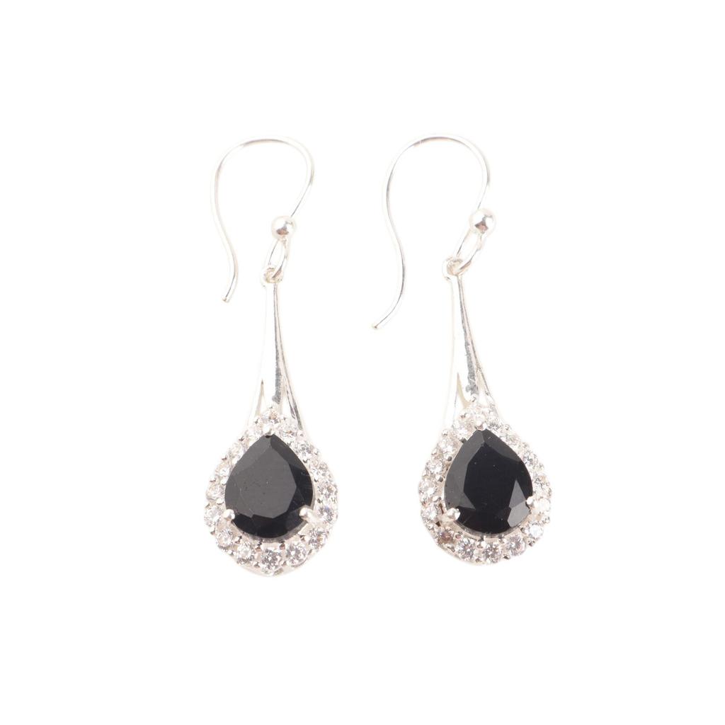 Natural Black Onyx Gemstone 925 Solid Silver Jewelry Zircon Long Earrings 1.86" CZE-7-17