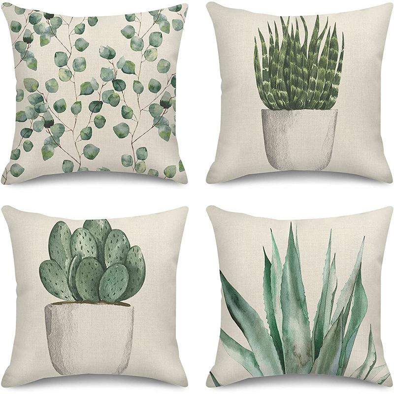 Popular Green Plant Linen Pillowcase Modern Simple Home Sofa Living Room Pillow Cushion